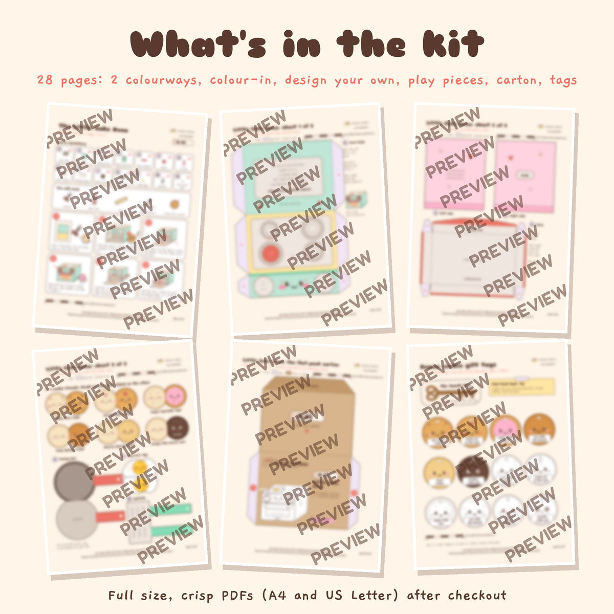 The Little Bake Oven papercraft kit, blurred preview of six of the twenty eight printable pages