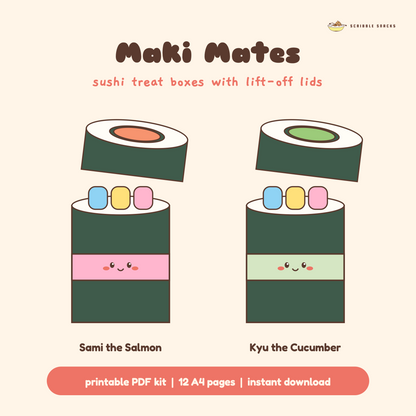 Maki Mates papercraft kit: Sami the Salmon and Kyu the Cucumber sushi treat boxes, built