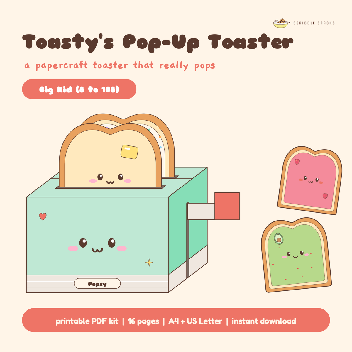 Pop up toaster papercraft built in mint, with Toasty and Fairy Bread toast slices popped up