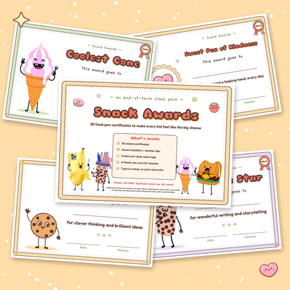 Snack Awards printable class pack cover with food pun award certificates fanned out behind it