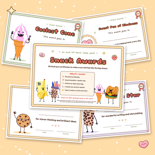 Snack Awards printable class pack cover with food pun award certificates fanned out behind it
