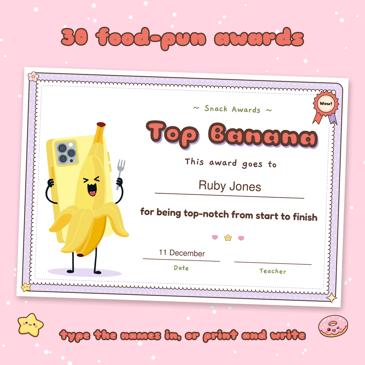 Top Banana award certificate with a typed name, one of 30 food pun class awards