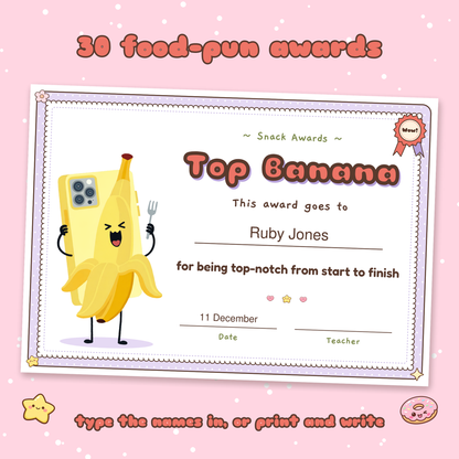 Top Banana award certificate with a typed name, one of 30 food pun class awards