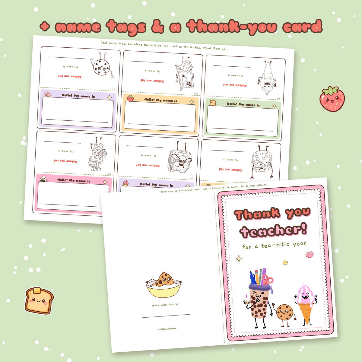 Printable fold over desk name tags and a thank you teacher card from the Snack Awards pack