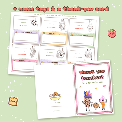 Printable fold over desk name tags and a thank you teacher card from the Snack Awards pack