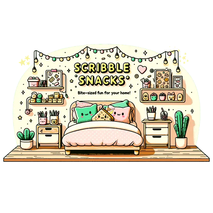 Decorative banner for Scribble Snacks featuring cartoon-style bedroom scene with a bed, pillows shaped like a taco and a slice of pizza, bedside tables with books and a lamp, a shelf with various food-themed stationery items, and potted cacti, all under a string of lights with the text 'Scribble Snacks - Bite-sized fun for your home!