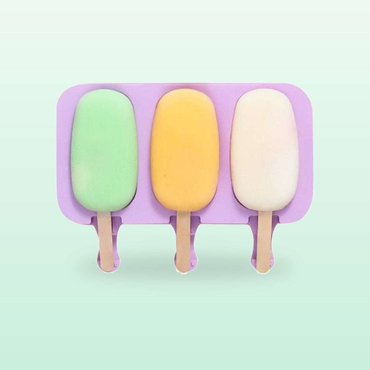 Classic oval silicone ice lolly mould in purple with green, orange and white lollies, on a mint background