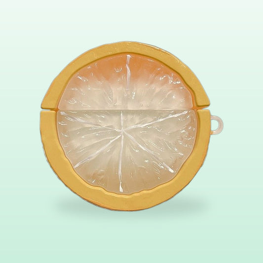 Yellow lemon slice silicone AirPods case, front view, on a soft mint background