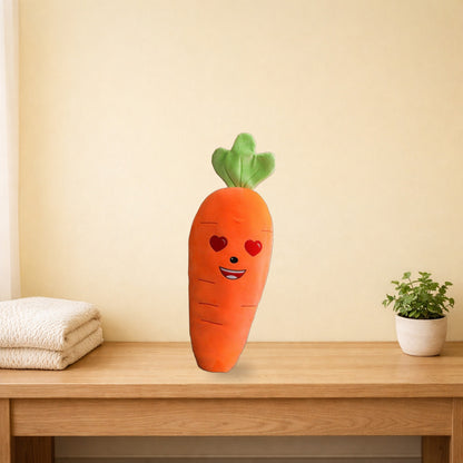 Heart eyes carrot plush pillow standing on an oak bench in a pastel bedroom