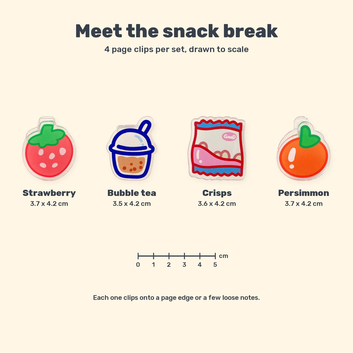 Chart of the four snack page clips drawn to scale beside a centimetre ruler