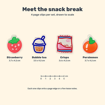 Chart of the four snack page clips drawn to scale beside a centimetre ruler