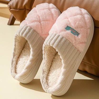 Solid Rhombic Letter Home Slippers Winter Warm Non - slip Floor Bedroom Plush Slipper For Couple House Shoes Women Men - 4 - Scribble Snacks