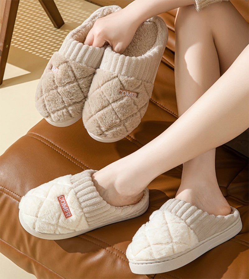 Solid Rhombic Letter Home Slippers Winter Warm Non - slip Floor Bedroom Plush Slipper For Couple House Shoes Women Men - 4 - Scribble Snacks