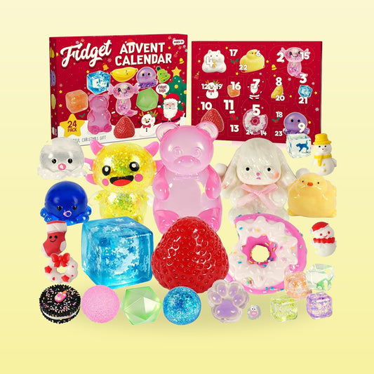 24 day squishy advent calendar box with the squishy toys laid out in front on a butter yellow background