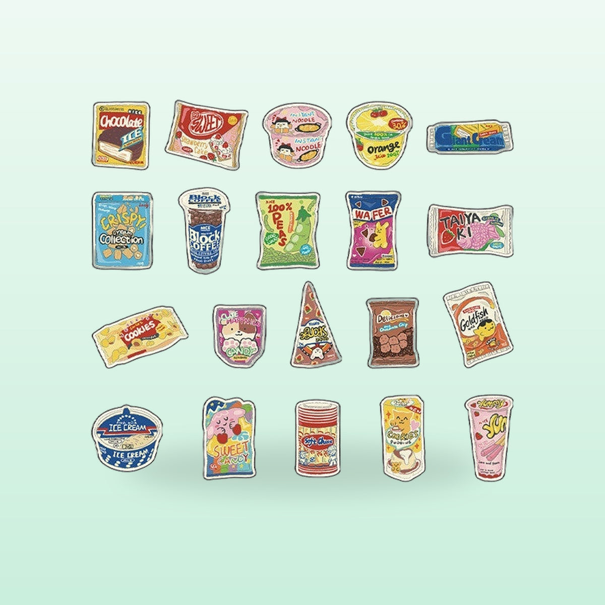 Crisps and snacks food stickers, twenty colourful packet and cup designs, on a mint background