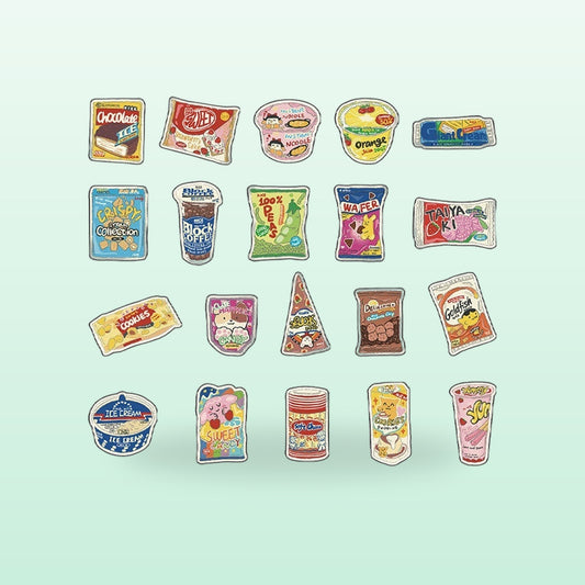 Crisps and snacks food stickers, twenty colourful packet and cup designs, on a mint background