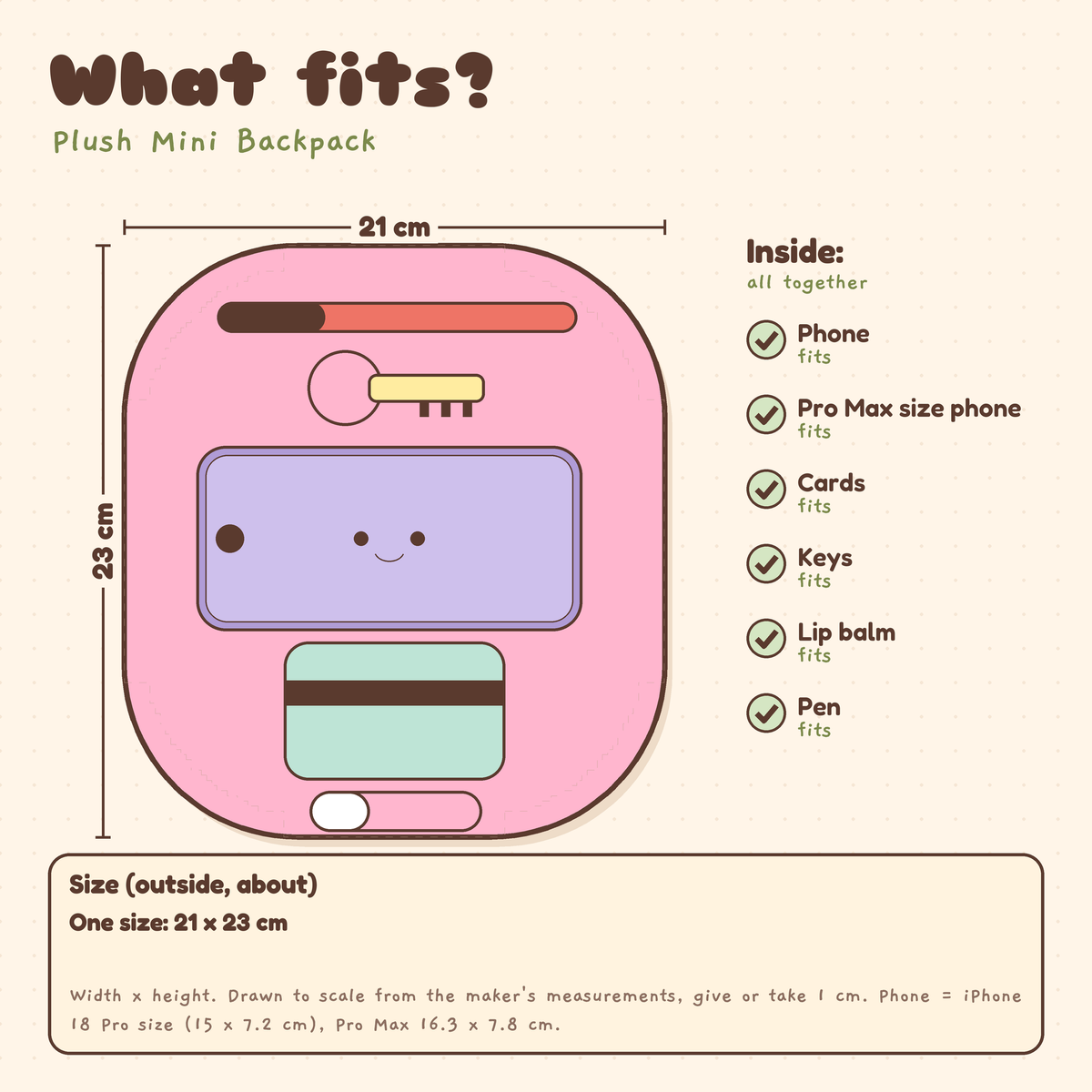 What fits in the Plush Mini Backpack, about 21 x 23 cm: phone, cards, keys, lip balm and pen fit