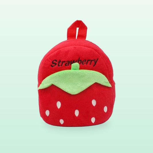 Red strawberry plush mini backpack with a green leaf, front view on a mint green background