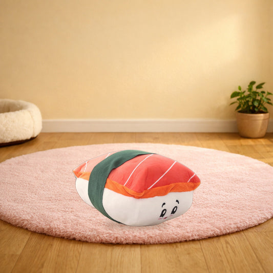 Salmon sushi plush pet toy on a pink rug in a living room