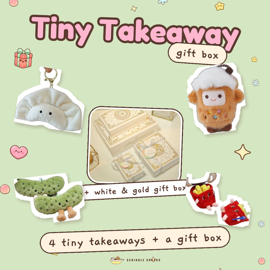 Tiny Takeaway Gift Box by Scribble Snacks: four real items and a white and gold gift box