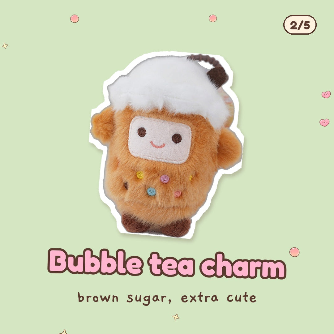 Brown sugar bubble tea plush keychain, one of the items in the Tiny Takeaway Gift Box