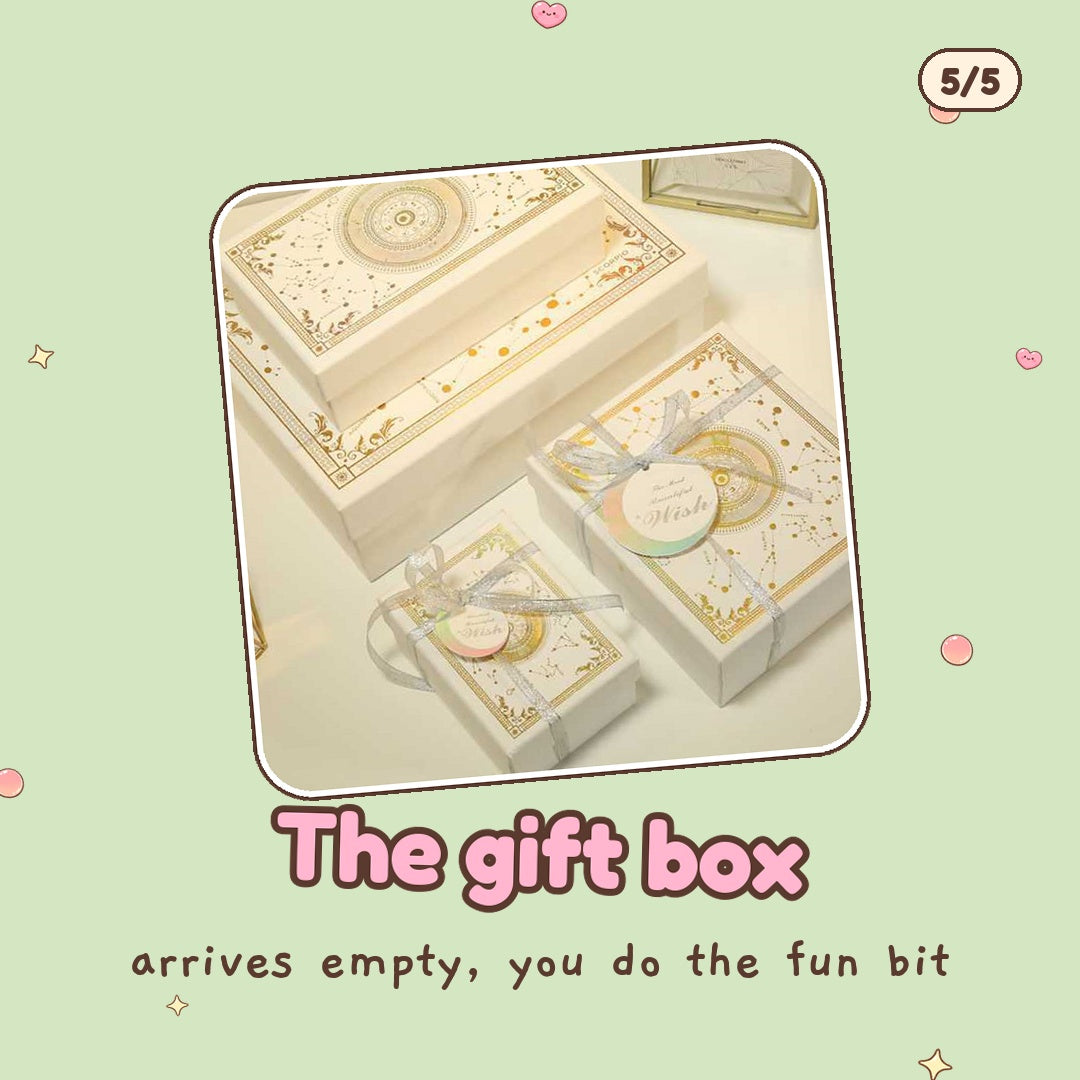 The white and gold gift box with lid (supplier photo; ribbon and tag styling not included), arrives empty