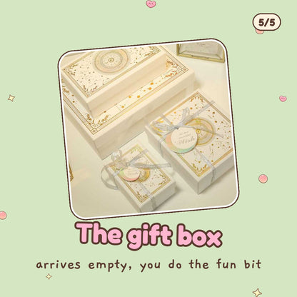 The white and gold gift box with lid (supplier photo; ribbon and tag styling not included), arrives empty