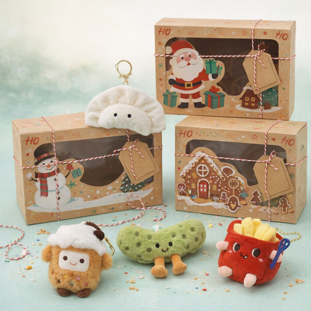 Tiny Takeaway Gift Box: dumpling, bubble tea, pickle and fries plush charms with 3 Christmas kraft gift boxes (styled photo; boxes arrive flat and empty)