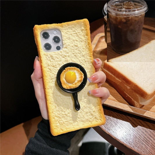 3D toast bread silicone iPhone case with an optional fried egg, cookie or frying pan grip