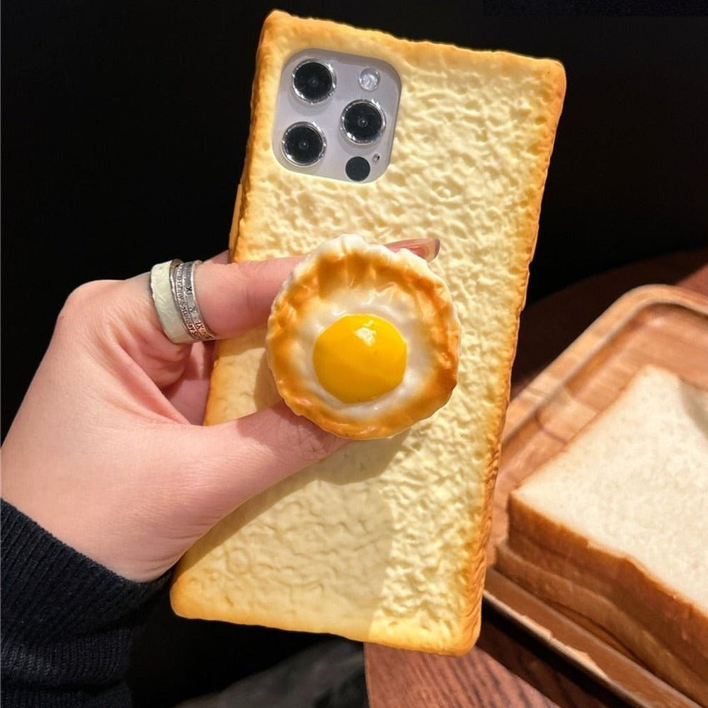 3D toast bread silicone iPhone case with an optional fried egg, cookie or frying pan grip