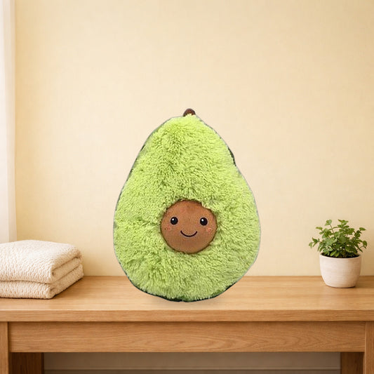 Fluffy avocado plush hug pillow on a light oak bench