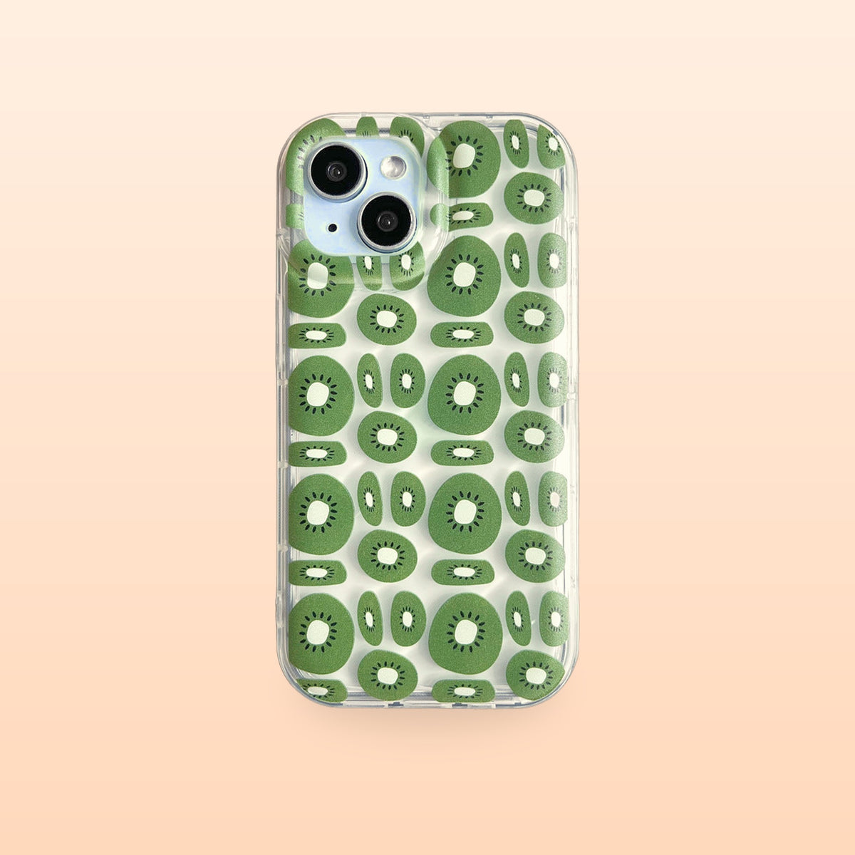 Kiwi fruit clear iPhone case with green kiwi slices, back view on a soft peach background