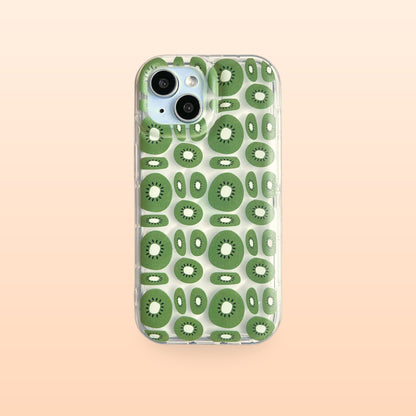 Kiwi fruit clear iPhone case with green kiwi slices, back view on a soft peach background
