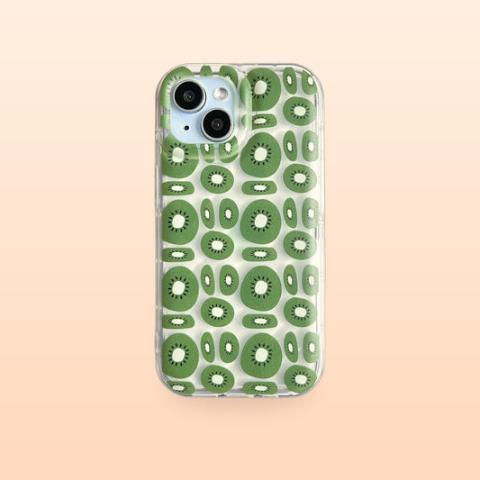 Kiwi fruit clear iPhone case with green kiwi slices, back view on a soft peach background
