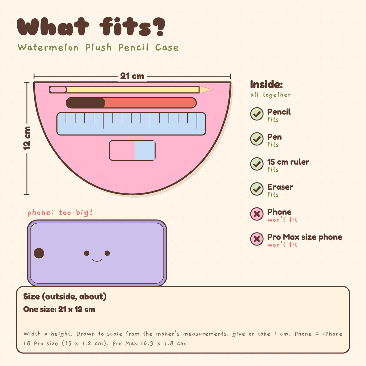 What fits in the Watermelon Plush Pencil Case, about 21 x 12 cm: pencil, pen, 15 cm ruler and eraser fit; phone won't fit