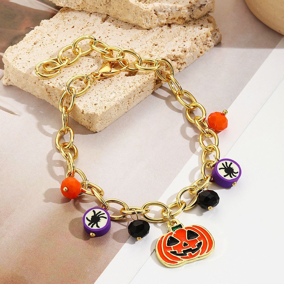 Yellow Red Pumpkin Skull Pendant Halloween Bracelet - 0 - Scribble Snacks