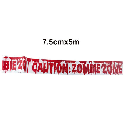 Zombie Party Caution Sign Tape - Halloween - Haunted House Props (Bloody Cloth, Tombstones, Warning Tape) - Scribble Snacks