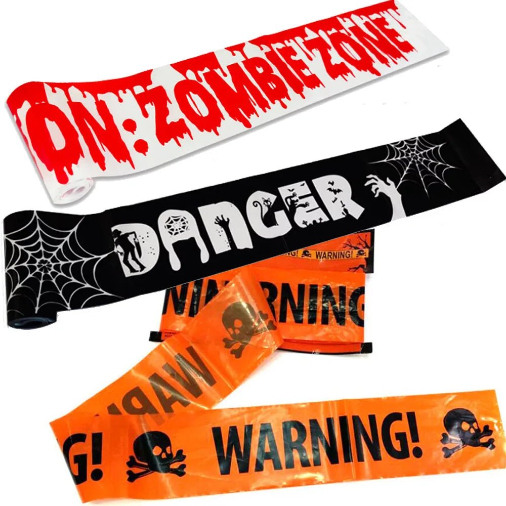 Zombie Party Caution Sign Tape - Halloween - Haunted House Props (Bloody Cloth, Tombstones, Warning Tape) - Scribble Snacks