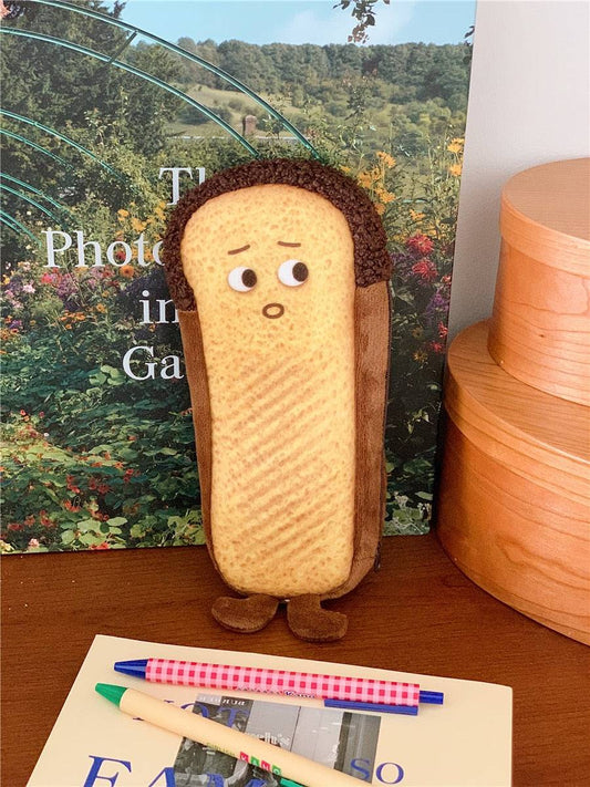 Toast plush pencil case with a worried face