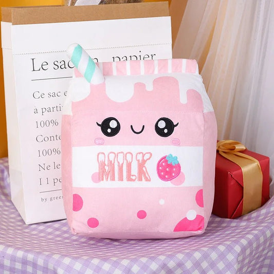 Pink strawberry milk carton plush pillow