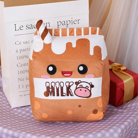 Brown chocolate milk carton plush pillow with a cow badge