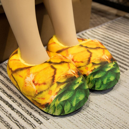 Pineapple Bun bread slippers for adults, yellow and green plush slippers worn on a rug