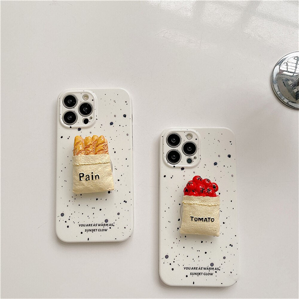 Bread & Tomato Art - Korean Splash Ink 3D Bread Tomatoes Bracket Soft Phone Case for iPhone 14/12/11 & More - iPhone Cases - Scribble Snacks