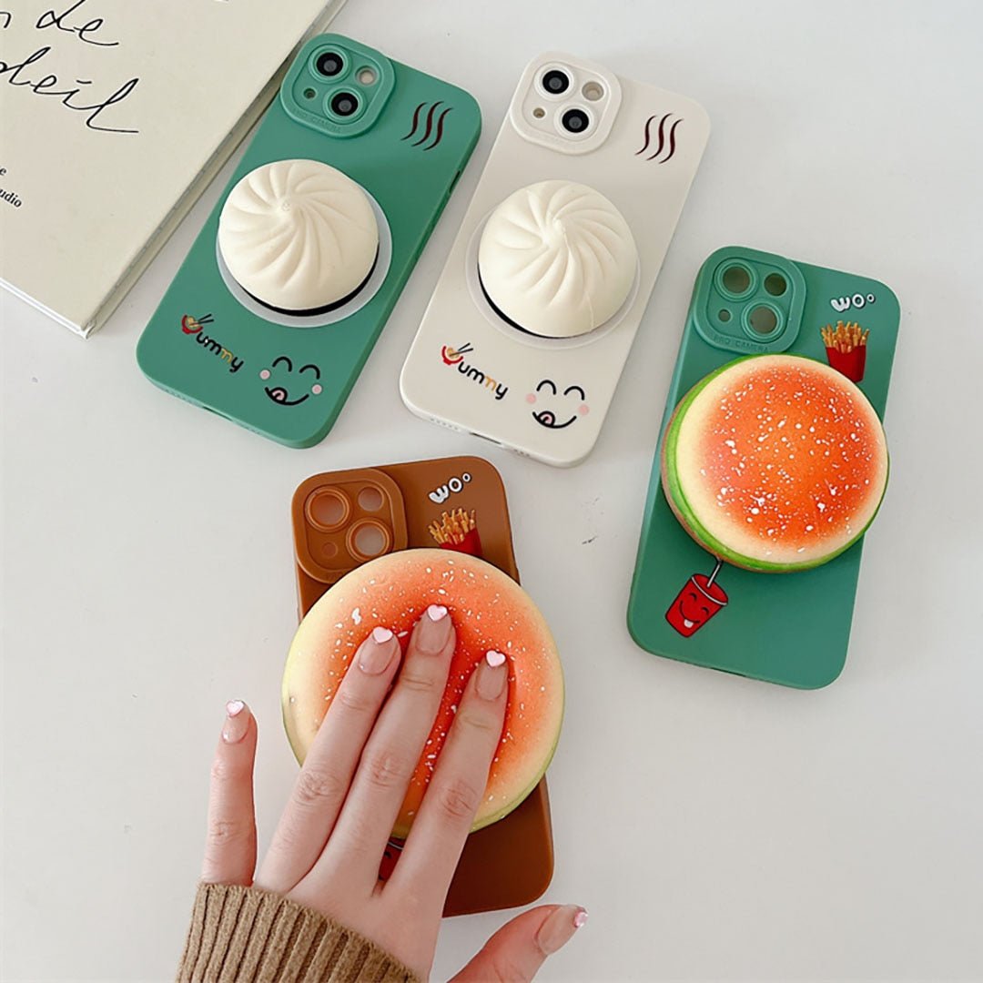 Squishy burger and bao bun iPhone cases in brown, white and green