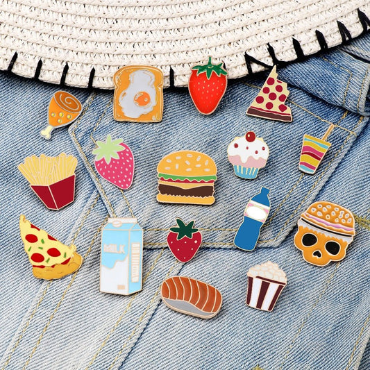 Cartoon Food Enamel Pins: Egg, Hamburger, Fries, Strawberry Cake - Clothing Pin - Scribble Snacks