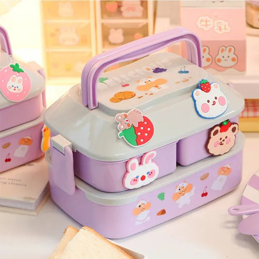 Purple kawaii bento lunch box with bunny stickers, large