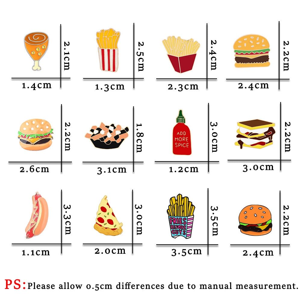 Fast Food Enamel Brooch Pins: Pizza, Hamburger, Hot Dog - Clothing Pin - Scribble Snacks