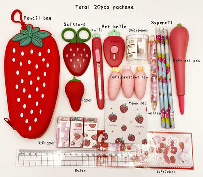 Fruitful Endeavours - Carrot and Strawberry Complete Stationery Set - Scribble Snacks