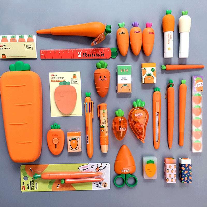 Fruitful Endeavours - Carrot and Strawberry Complete Stationery Set - Scribble Snacks
