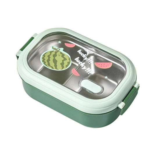 Green stainless steel bento box with a watermelon print lid